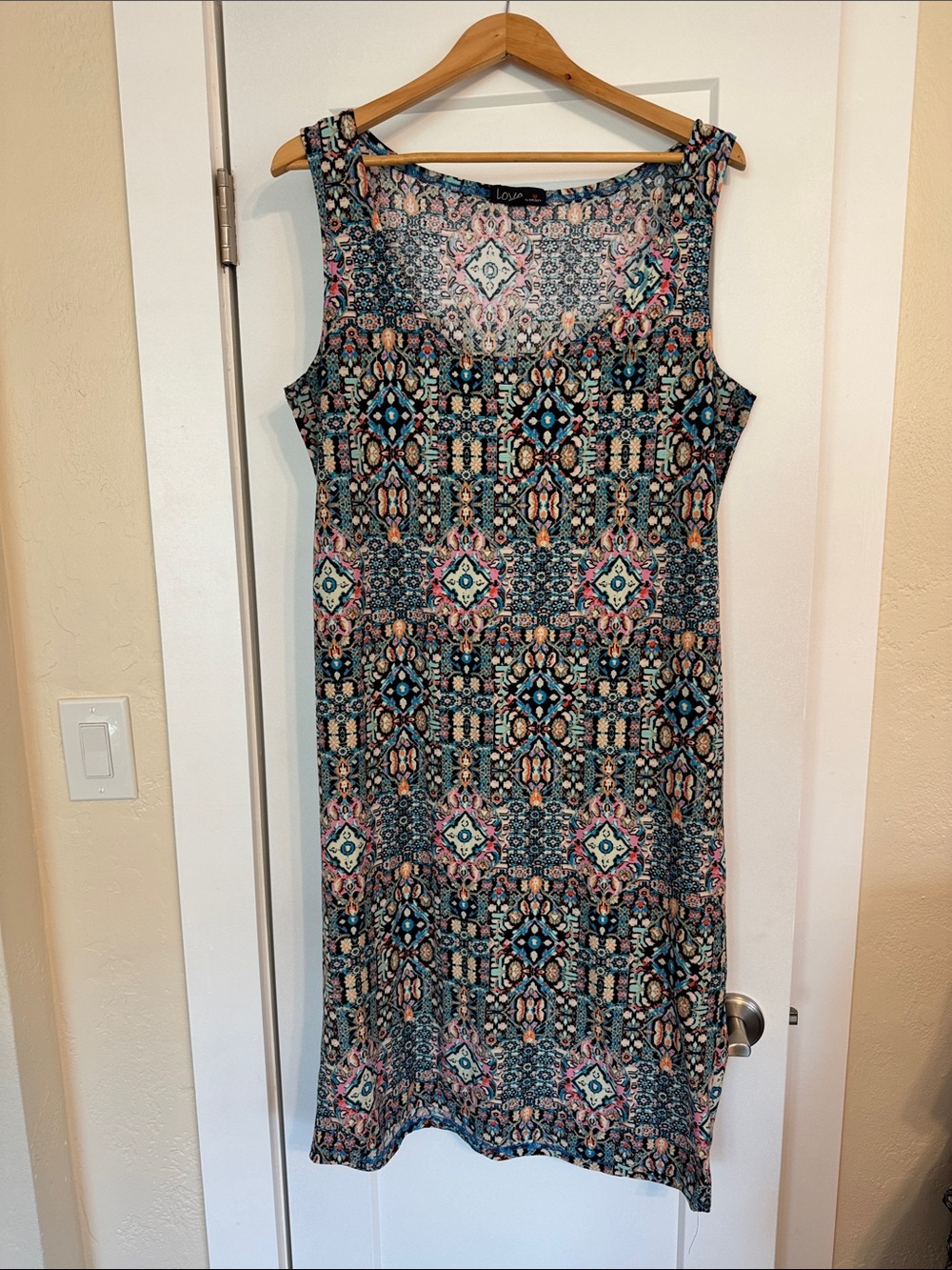 Geometric Midi Tank Dress Teal Pink Cream Multicolor Sleeveless Straight Fit